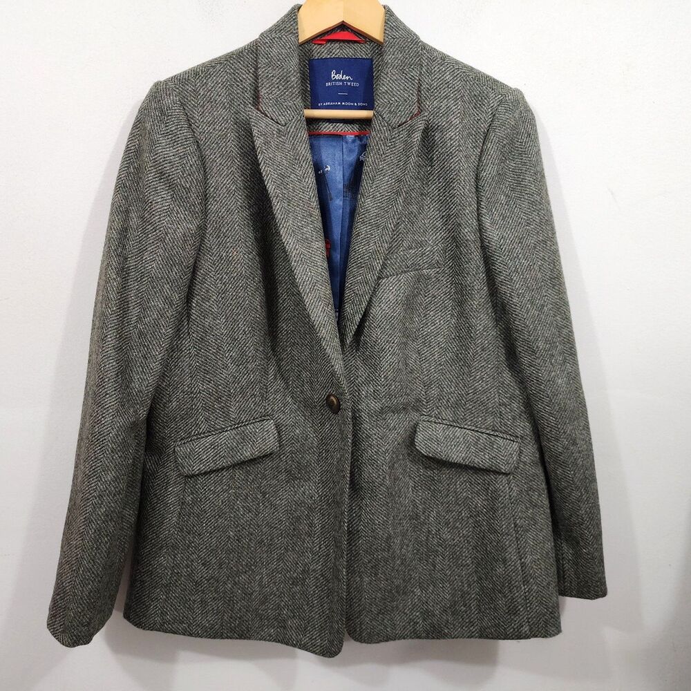 Boden British Tweed Blazer Jacket Grey Herringbone Moon Wool Womens Size 12R